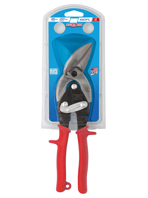 Left Cut Offset Aviation Snips 10 Inch Workhorse For Sheet Metal, Heavy Duty CR Steel Body With Molybdenum Blade Inserts in packaging