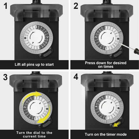 Built Like A Tank 24 Hour Outdoor Mechanical Timer Switch With 2 Grounded Outlets 2 Pack Heavy Duty 15 Amp Plug setup instructions showing dial adjustments.