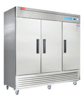 Hella Spacious 72 Cubic Foot Three Door Commercial Reach In Upright Refrigerator With Solid Doors And Heavy Duty Racks side view image with stainless steel finish.