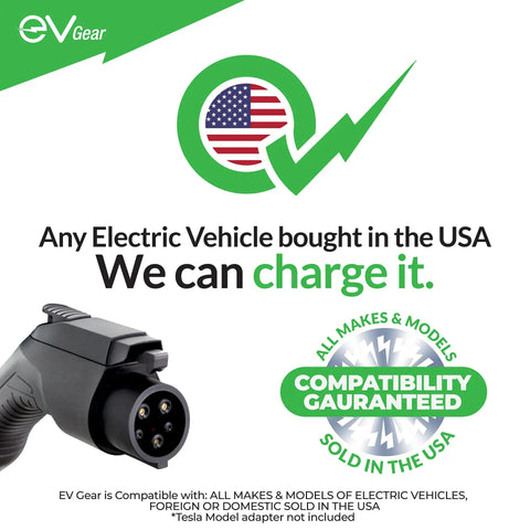 Level 2 Electric Vehicle Wall Charger Station 40 Amp 240 Volt Slick Hard Charging Workhorse With 25 Foot Heavy Duty Cable And Nema 1450 Plug For All J1772 Electric Cars Hybrids And Trucks charging connector with USA flag design.