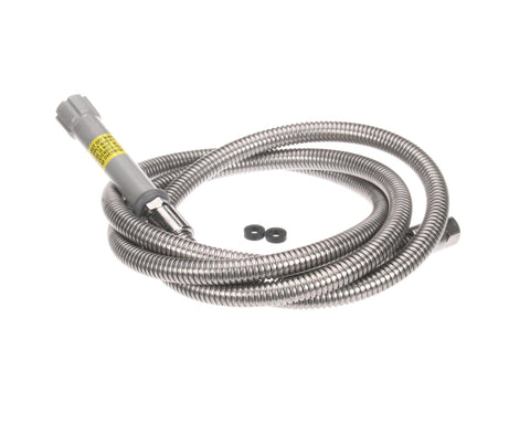 B-0096-H 96 Inch Flexible Stainless Steel Hose for Commercial Kitchens and Sinks, coiled view with fittings visible.
