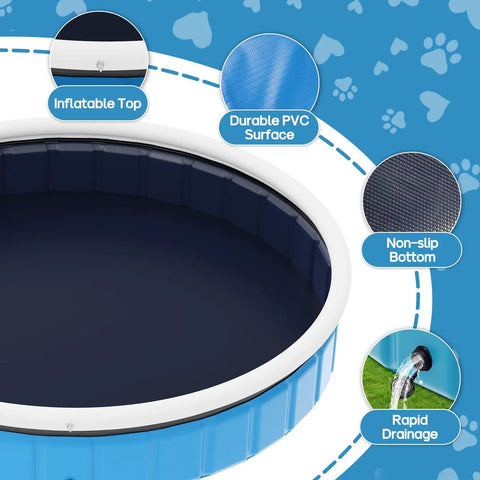 Extra Large Foldable Dog Pool 97-Inch Portable Hard Plastic Bath Tub For Dogs, Kids, And Pets, Collapsible Outdoor Backyard Pool With Durable Double Layer PVC And Anti-Slip Bottom showcasing inflatable top and rapid drainage.