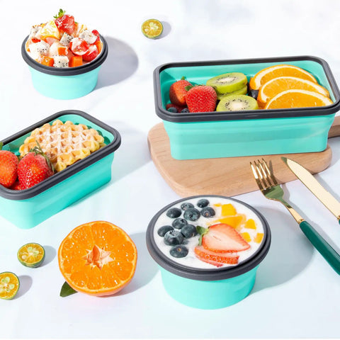 Eight Pack Collapsible Food Storage Containers With Lids, filled with fruit and waffles, perfect for camping, RV gear, travel trailers.