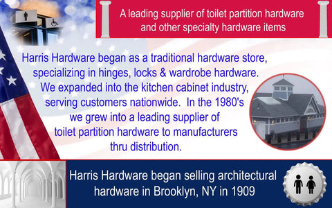 Historical overview graphic of Harris Hardware's evolution into a leading toilet partition hardware supplier with American flag.