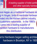 Harris Hardware history, supplier of toilet partition hardware and other items, Brooklyn NY, image of building and American flag