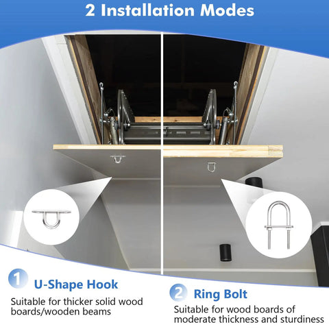 Attic door with Beefy Attic Pull Down System Kit, featuring U-shape hook and ring bolt installation options, for garage loft access.