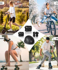 Collage of adults and youth using Adult And Youth Skating Protective Gear Set With Helmet Knee Pads Elbow Pads And Wrist Guards For Inline Skating Scootering And Skateboarding Breathable Ventilated Foam For All Day Comfort And Serious Protection outdoors.