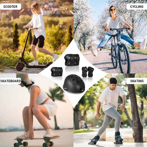 Collage of adults and youth using Adult And Youth Skating Protective Gear Set With Helmet Knee Pads Elbow Pads And Wrist Guards For Inline Skating Scootering And Skateboarding Breathable Ventilated Foam For All Day Comfort And Serious Protection outdoors.