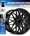 Gloss Black Rim Touch Up Paint Kit With 2 In 1 Brush And Tip, 0.4 Fl Oz, next to a black alloy wheel showing paint application