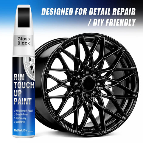 Gloss Black Rim Touch Up Paint Kit With 2 In 1 Brush And Tip, 0.4 Fl Oz, next to a black alloy wheel showing paint application