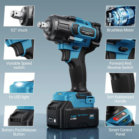 Tilswall 20V Cordless Impact Wrench 1/2 Inch, 900Nm Max Torque And 2500 Rpm, Electric Drill With Fast Charger And Battery For Cars Trucks And Home Mechanics Super Duper Efficiency