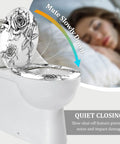 Elongated Toilet Seat Quiet Close for Bathroom with floral design, features quiet close for noise reduction.