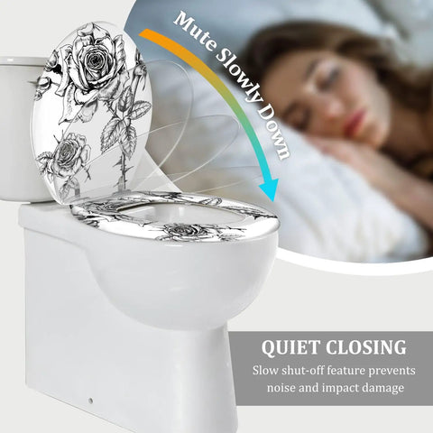 Elongated Toilet Seat Quiet Close for Bathroom with floral design, features quiet close for noise reduction.