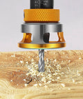 Close-up of Carbon Steel Countersink Drill Bit Set for Woodworking with heat resistant tips creating a hole in wood.