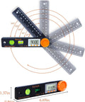 Dead On Accurate Digital Angle Finder With Bright Led Display And Spirit Level No Fuss 5 Inch Pocket Protractor showing angle measurements.