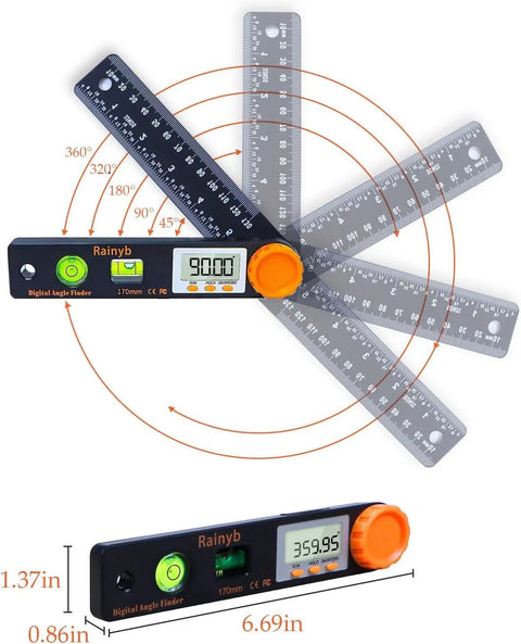 Dead On Accurate Digital Angle Finder With Bright Led Display And Spirit Level No Fuss 5 Inch Pocket Protractor showing angle measurements.