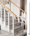 White Side Mount Stair Balusters 30 Pack With Hella Strong Adjustable Brackets And Full Hardware Kit For Outdoor Deck Railing Systems Built Like A Tank Solid Square Metal 39 Inches Tall installed on a modern staircase.