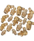Grease Fittings Assortment Kit With 90-Degree 45-Degree And Straight Nozzles For Auto And Industrial Lube Of Bearings And Machinery Without Disassembly Easy Fit For Mechanical Components in gold color brass.