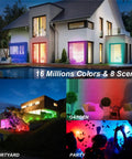 Lit Smart RGBW Color Changing Landscape Lighting Kit illuminating house, garden, and party scenes with vibrant colors.