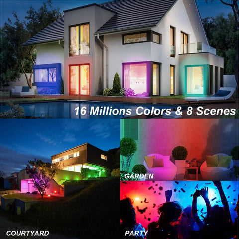 Lit Smart RGBW Color Changing Landscape Lighting Kit illuminating house, garden, and party scenes with vibrant colors.