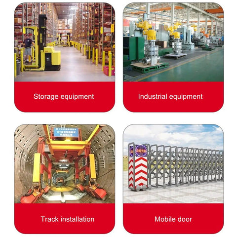 Collage of storage equipment, industrial machinery, track installation, and a mobile door in various settings