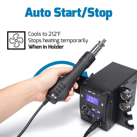 Person holding Maker Friendly Pro Grade Hot Air SMD Soldering Rework Station with Quick Change Nozzle System and Holder