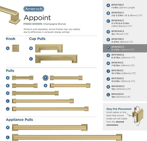 Chart showing Champagne Bronze Cabinet Pull In Traditional Style With Overall Length 5-13/16 Inches And Center-To-Center 5-1/16 Inches Appoint Series Drawer Handle options.