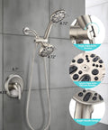 Brushed Nickel Shower Faucet Set With Valve And 48 Settings, Dual 2 In 1 High Pressure Rain And Handheld Shower Head System, 3 Way Water Diverter, Trim Kit, 5 Ft Hose For Modern Bath Upgrade, showing angle-adjustable bracket and touch-clean silicone nozzles.