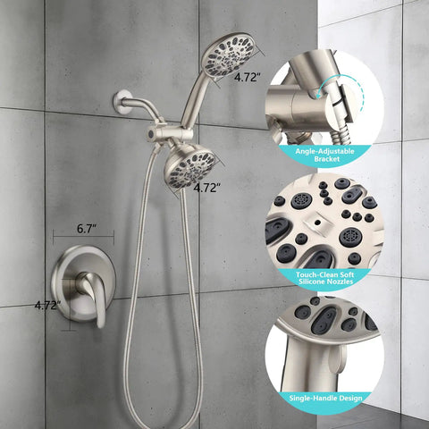 Brushed Nickel Shower Faucet Set With Valve And 48 Settings, Dual 2 In 1 High Pressure Rain And Handheld Shower Head System, 3 Way Water Diverter, Trim Kit, 5 Ft Hose For Modern Bath Upgrade, showing angle-adjustable bracket and touch-clean silicone nozzles.