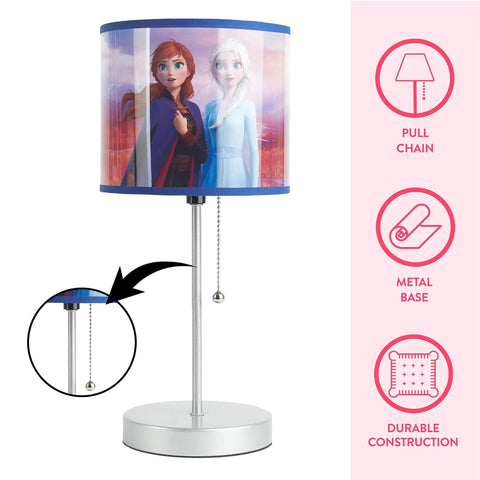 Disney themed metal table lamp with Frozen characters, pull chain, durable metal base, soft glow, 14"H x 7"W