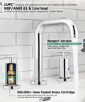 8 Inch Polished Chrome Widespread Bathroom Sink Faucet For 3 Hole Vanity With cUPC Certified Supply Lines 1.2 GPM Brass Construction Built To Last And Water Efficient installed on tiled backsplash