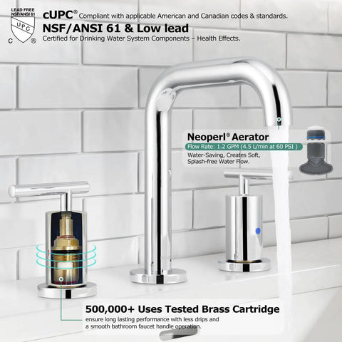 8 Inch Polished Chrome Widespread Bathroom Sink Faucet For 3 Hole Vanity With cUPC Certified Supply Lines 1.2 GPM Brass Construction Built To Last And Water Efficient installed on tiled backsplash