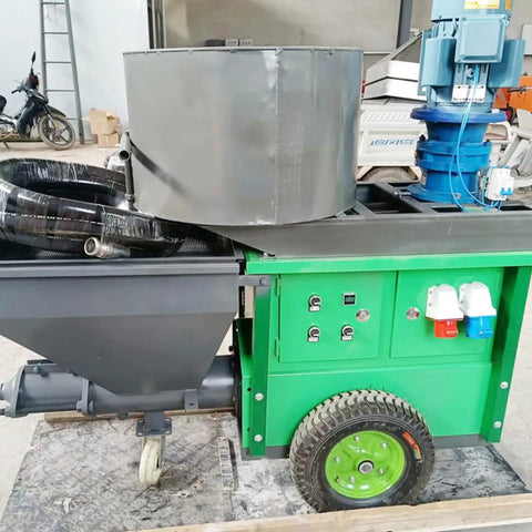 Portable Cement Mortar Spray Machine Wall Plaster Sprayer High Efficiency Sand Render Pump For Construction Home And Office Projects Easy To Use And Durable Tool in green and grey color with wheels and hopper.