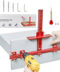 Professional Cabinet Hardware Jig For Handles And Pulls Aluminum Alloy Drilling Template Reusable Mounting Guide For Quick Install With No Sweat Setup And Foolproof Alignment in use with drill on cabinet.