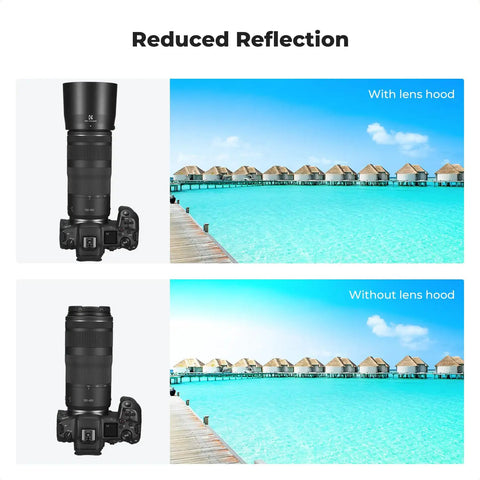 Comparison of Canon lenses with and without 67mm Lens Hood Replacement for Canon RF 100-400mm f5.6-8 IS USM reducing reflection