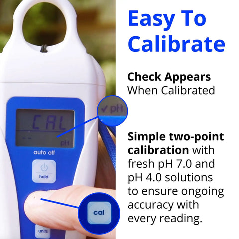 Close-up of Soil pH Pen Digital Meter And Water Test Kit For Hydroponics And Indoor Grow Rooms showing calibration process.