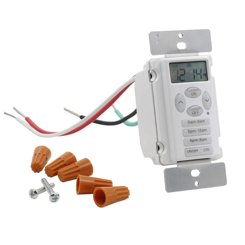 Two Pack In Wall Digital Timer Switch With Three Preset Times And One Custom Program for Outdoor Lights with wiring accessories.