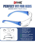 Six Crew Pack Youth Safety Glasses With Anti Fog And Uv400 Tint Built Tough Scratch Proof Lenses For School Hustle Shop Class And Bike Rides Multi Color wraparound shields designed for kids with blue frames.