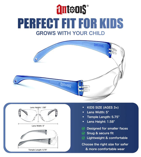 Six Crew Pack Youth Safety Glasses With Anti Fog And Uv400 Tint Built Tough Scratch Proof Lenses For School Hustle Shop Class And Bike Rides Multi Color wraparound shields designed for kids with blue frames.