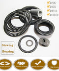 Assorted metal slewing bearings displayed with technical specifications and features.