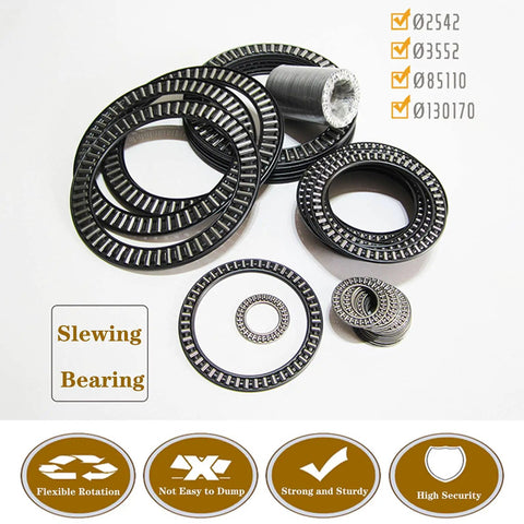 Assorted metal slewing bearings displayed with technical specifications and features.