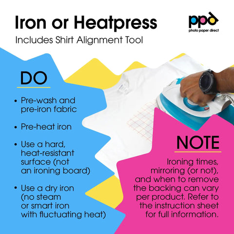 Guide for using Inkjet Iron On Heat Transfer Paper 10 Sheets 8.5 By 11 Inches Premium Pack for T-shirts with iron or heat press.