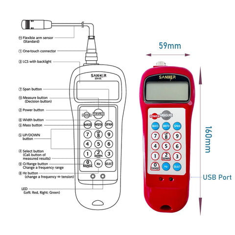 Dual Readout Sonic Belt Tension Meter Gauge For Precise Force And Frequency Testing, 0.01 N To 99,900 N And 10.0 Hz To 5,000 Hz, Backlit LCD, 1 Percent Accuracy, Auto Sleep After Inactivity, Pro Grade Belt Tension Tester, red handheld unit, 59mm x 160mm