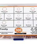 Dope Copper Washer Set with 12 Sizes and 300 Pcs in clear case, labeled slots for M5 M6 M8 M10 M12 M14 M16 M20. Flat Seal Washers Kit.