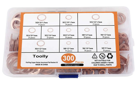 Dope Copper Washer Set with 12 Sizes and 300 Pcs in clear case, labeled slots for M5 M6 M8 M10 M12 M14 M16 M20. Flat Seal Washers Kit.