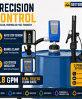 Workhorse Electric Drum Pump With Auto Shutoff Sensor And Dripless Nozzle For Def Diesel Kerosene Antifreeze Zero Sweat Bulk Fluid Transfer Rig With Extended Line And Universal Slip Fittings showcasing control features on a blue barrel.