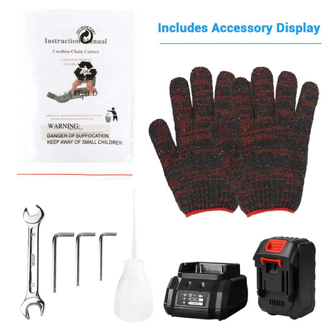 Includes accessories for Loschen Cordless Rebar Chain Cutter, featuring gloves, battery, charger, and tools for safe operation.