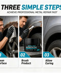 Auto Body Rust Repair Paste Kick Rust To The Curb Heavy Duty Metal Restoration Putty For Wheel Wells And Door Edges Black Protective Coating DIY fix kit shown in three steps.