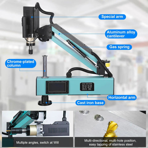 Doppy 1200W Servo Electric Tapping Machine M6 To M30 With 9 Piece Collet Set with chrome-plated column and cast iron base.