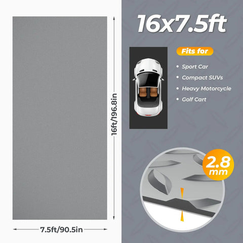 16x7.5 ft floor mat for cars and golf carts, diamond plate texture, 2.8mm thick, heavy-duty PVC, waterproof, non-slip